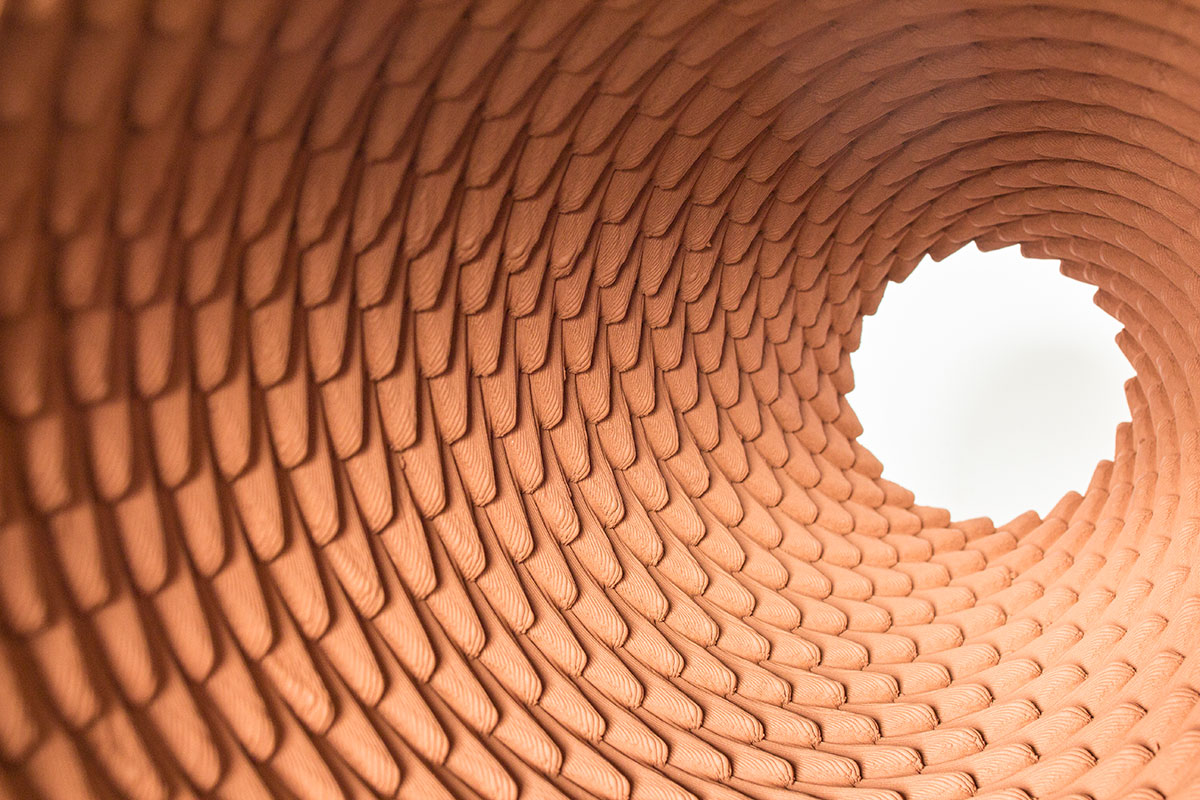 Interior detail of a terracotta 3D printed ceramic vessel
